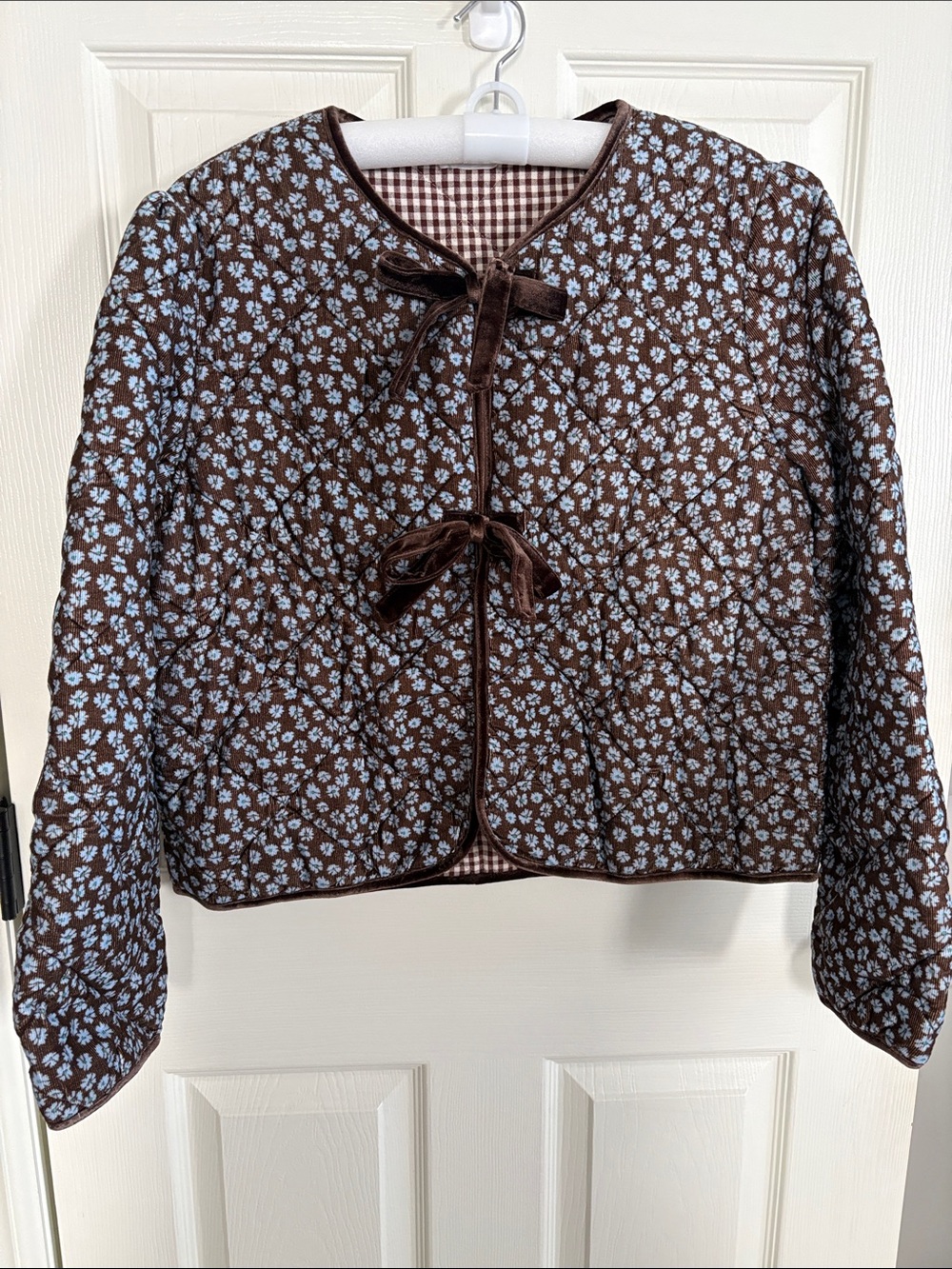 Brown Quilted Floral Tie-Front Puffer Jacket with Light Blue Blossoms